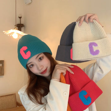 Bonnets Big C Letter Woolen Hat Designer Bonnets Women New Warm Ear Protection Knitted Hat Adult COTTON женская шапка daiiibabyyy